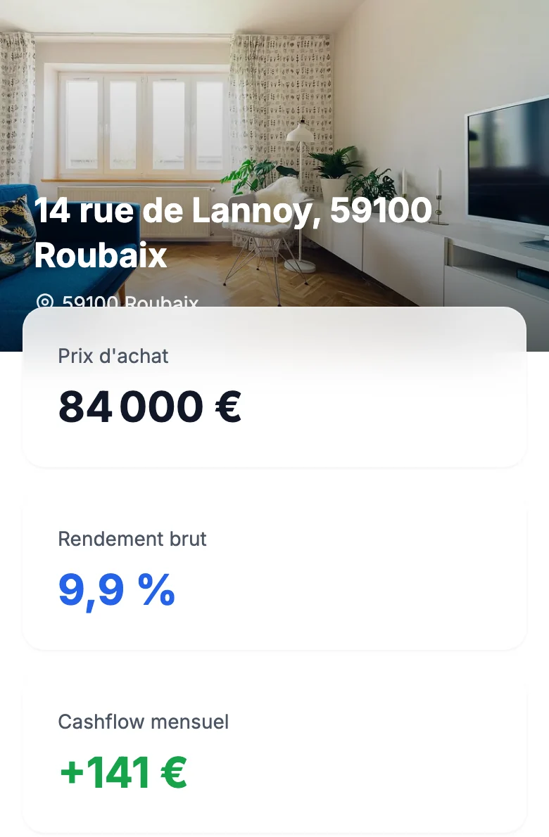 La page d'un deal telle que l'investisseur la reçoit : photos, prix de 84 000 euros, rendement brut de 9,9 % et cashflow de 141 euros par mois.