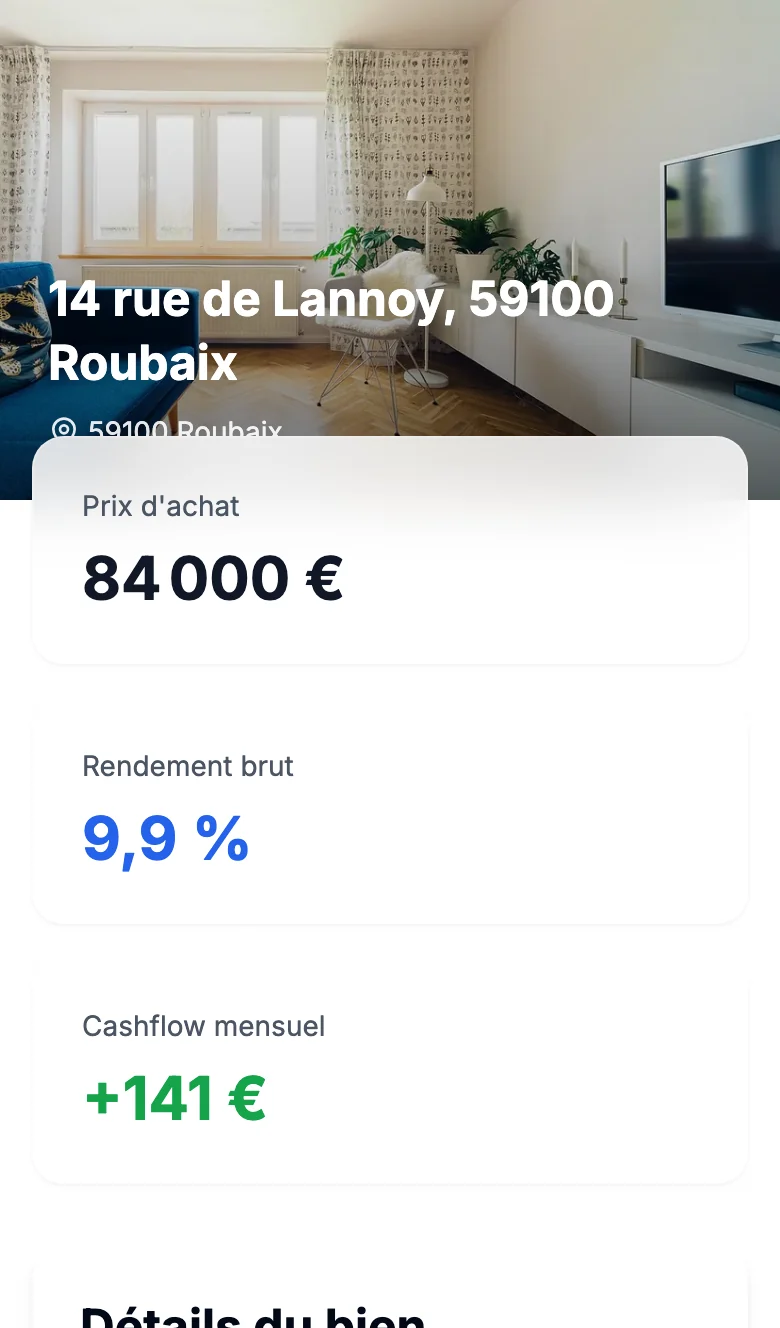 Le haut de la page investisseur : photos du bien, prix, rendement brut et cashflow.